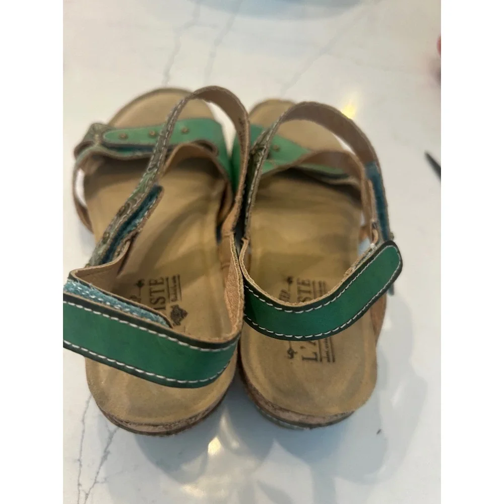 L'Artiste Quilana Sandals Green Leather Hand Painted Floral Wedge Boho Shoes 39